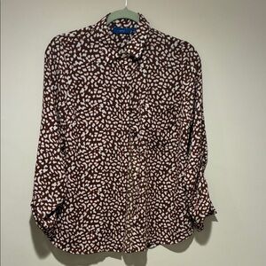 Apt. 9 Brown White Ditsy Floral Fun  Button Down Button Sleeves Sz. S NWOT
